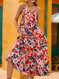 Frill Backless Printed Sleeveless Midi Dress - Trendsi