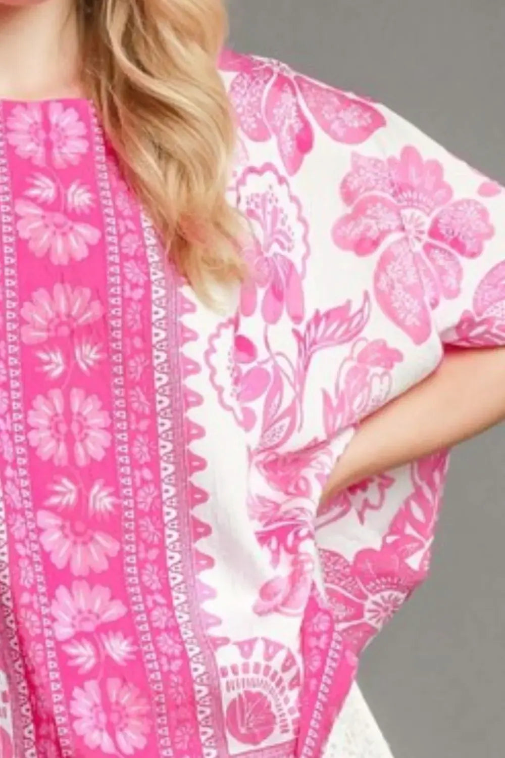 Umgee Full Size Floral Border Print Oversized Top Plus Size - Trendsi - Flyclothing LLC