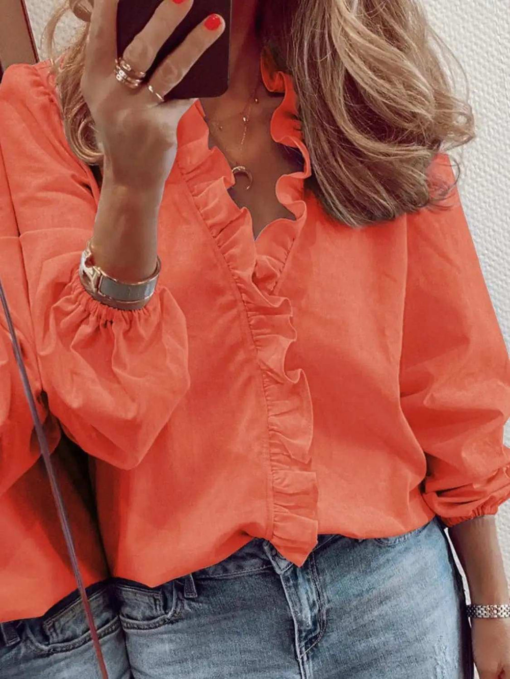 Full Size Ruffled V-Neck Long Sleeve Blouse - Trendsi - Flyclothing LLC