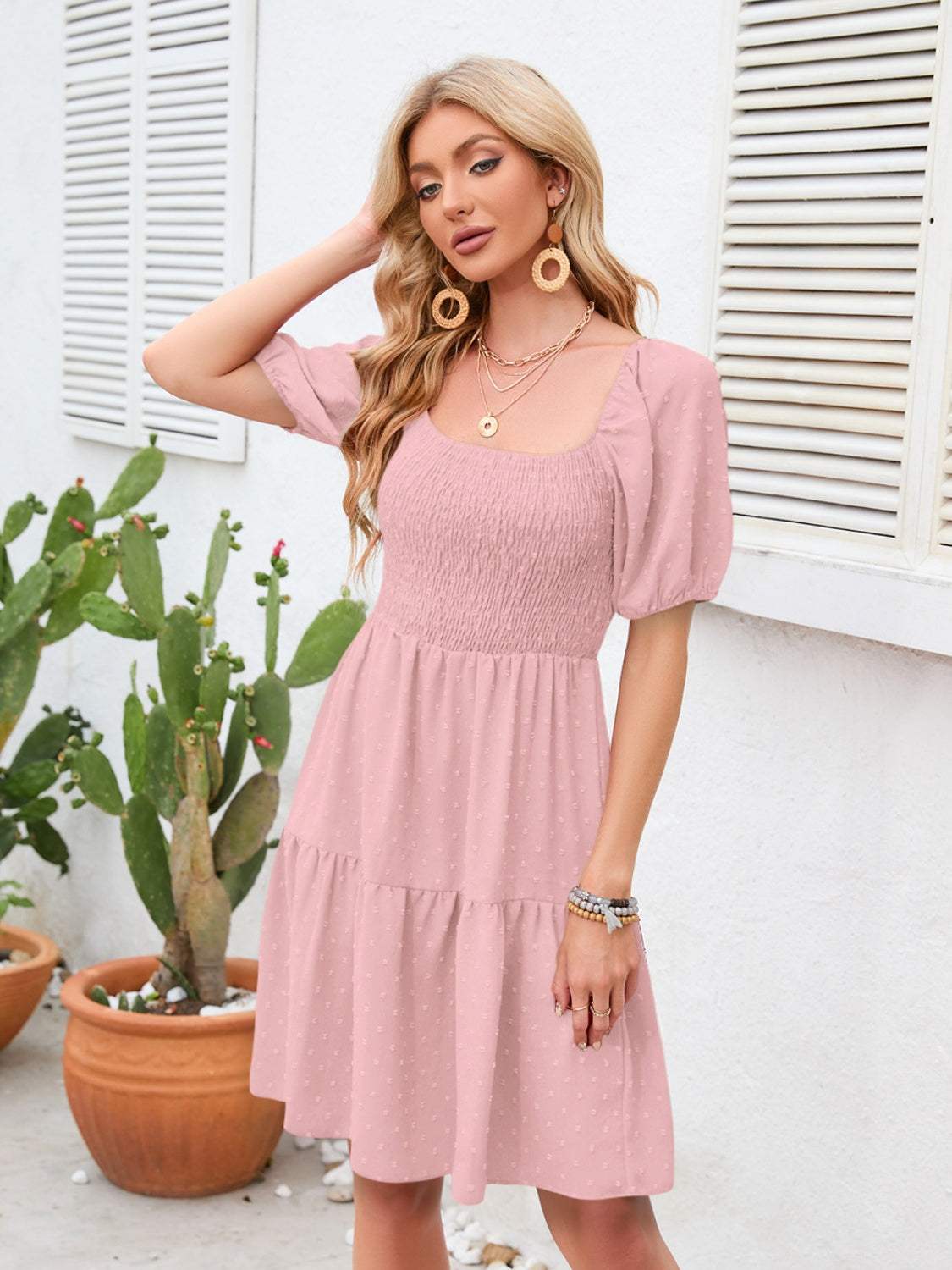 Swiss Dot Smocked Square Neck Dress - Trendsi - Flyclothing LLC