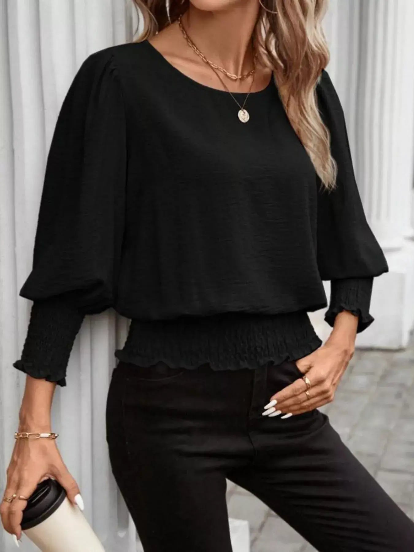 Smocked Waist Round Neck Blouse - Trendsi - Flyclothing LLC