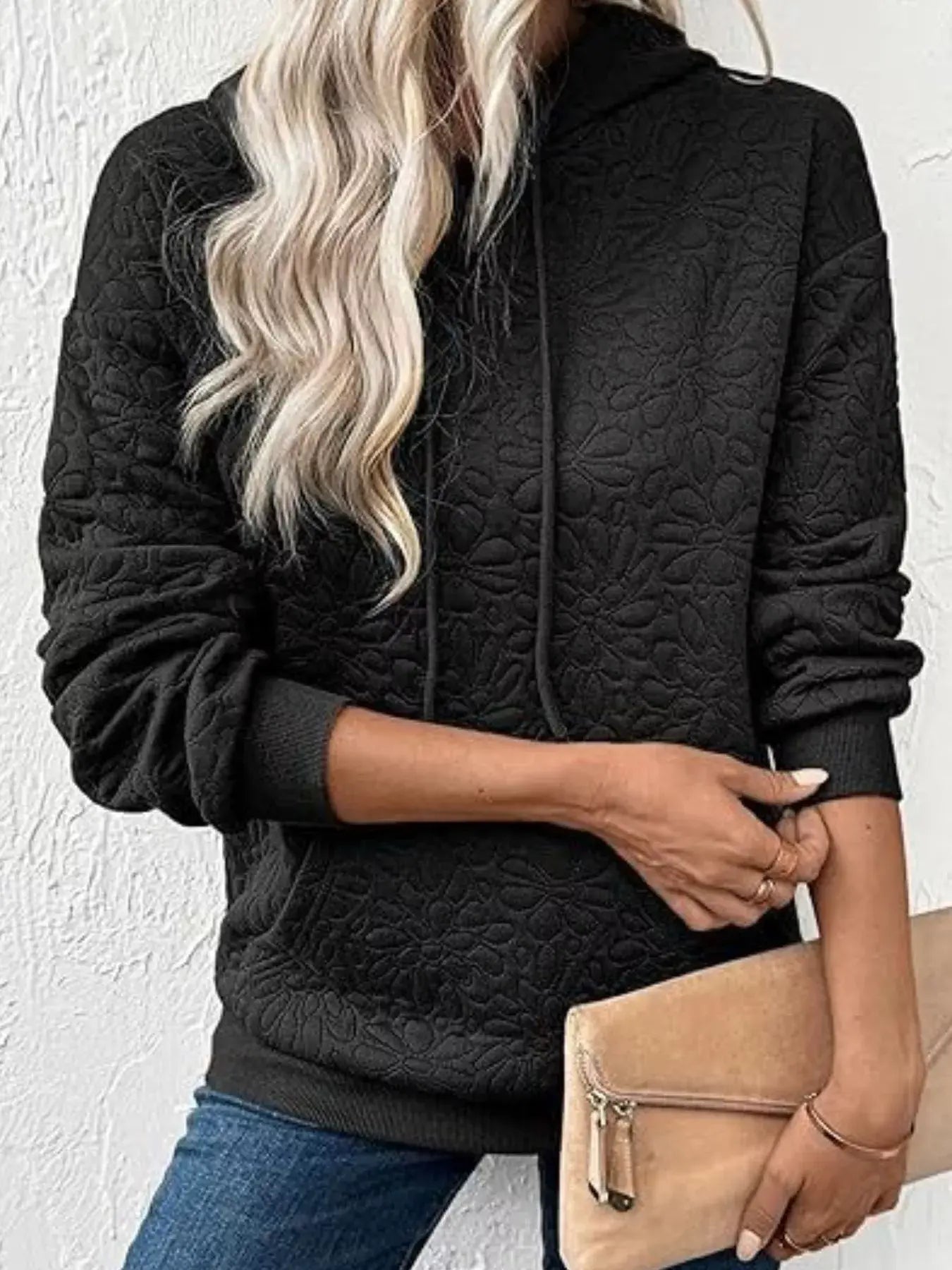 Textured Floral Quilted Hoodie - Trendsi - Flyclothing LLC