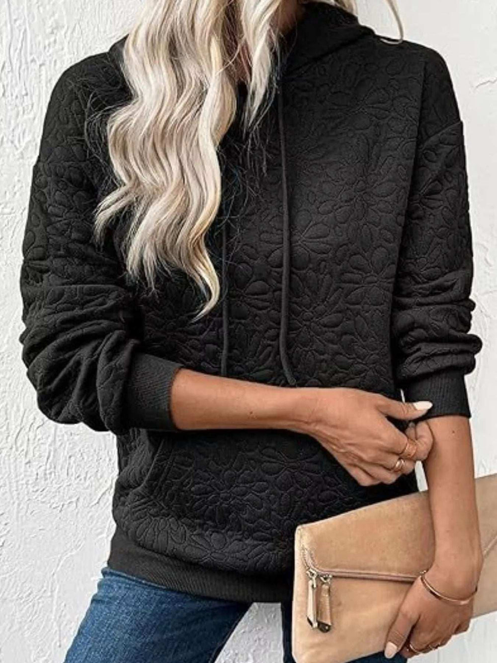 Textured Floral Quilted Hoodie - Trendsi - Flyclothing LLC