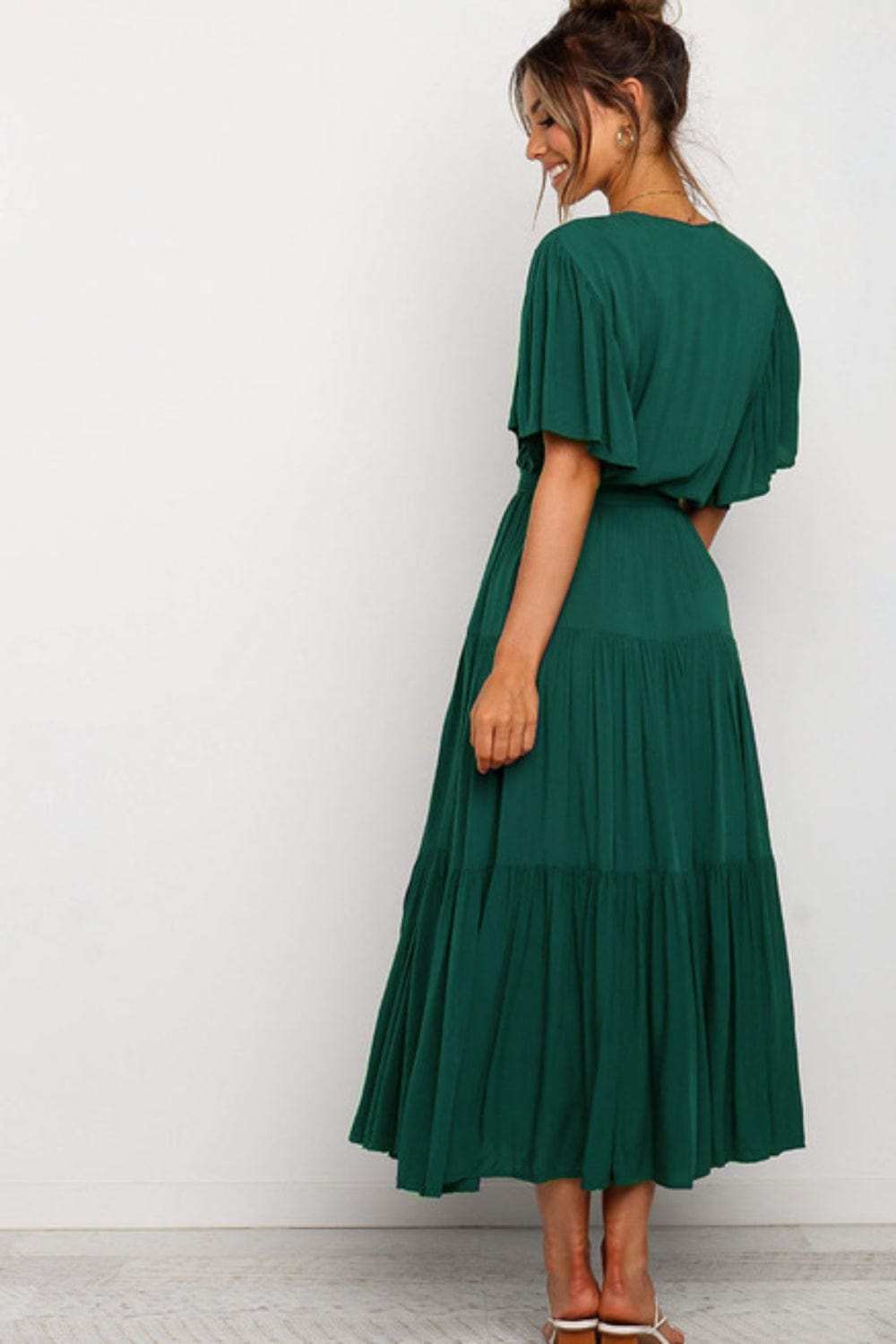 Front Tie Short Sleeve Tiered Midi Dress - Trendsi - Flyclothing LLC