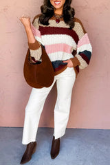Striped Knit Dropped Shoulder Round Neck Sweater - Trendsi - Flyclothing LLC