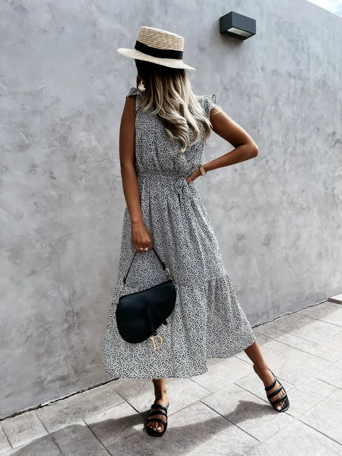 Ruffled Surplice Printed Cap Sleeve Dress - Trendsi - Flyclothing LLC