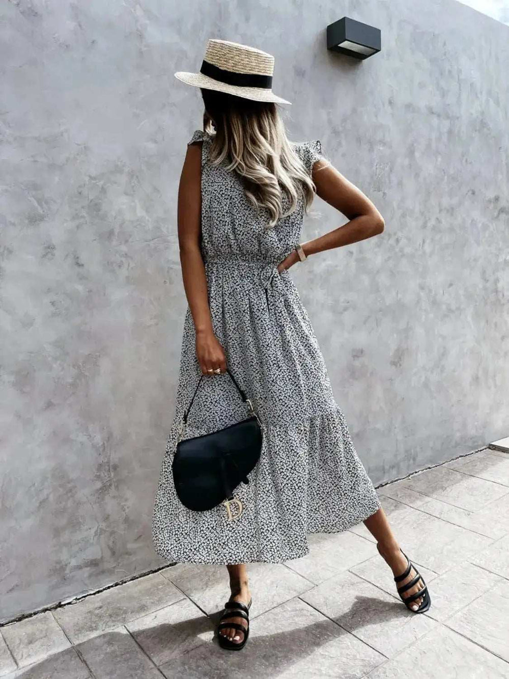 Ruffled Surplice Printed Cap Sleeve Dress - Trendsi - Flyclothing LLC