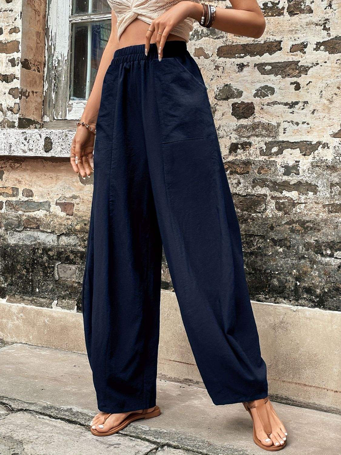 Elastic Waist Pants with Pockets - Trendsi - Flyclothing LLC