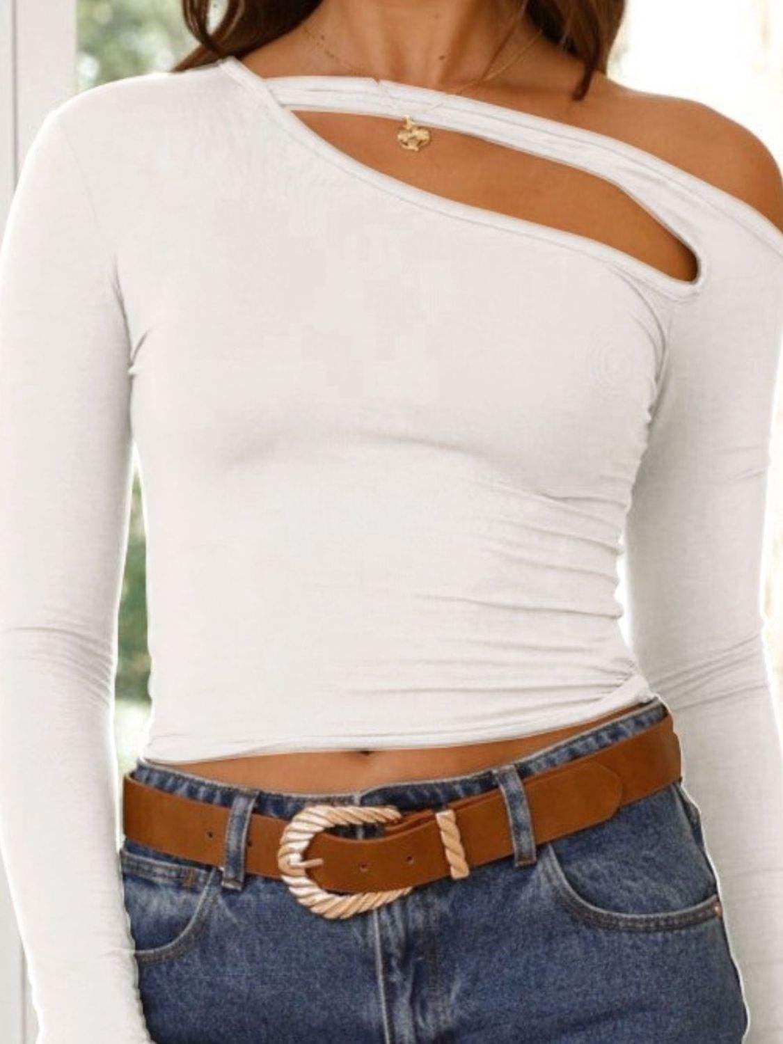 Cutout Asymmetrical Neck Long Sleeve T-Shirt - Trendsi - Flyclothing LLC