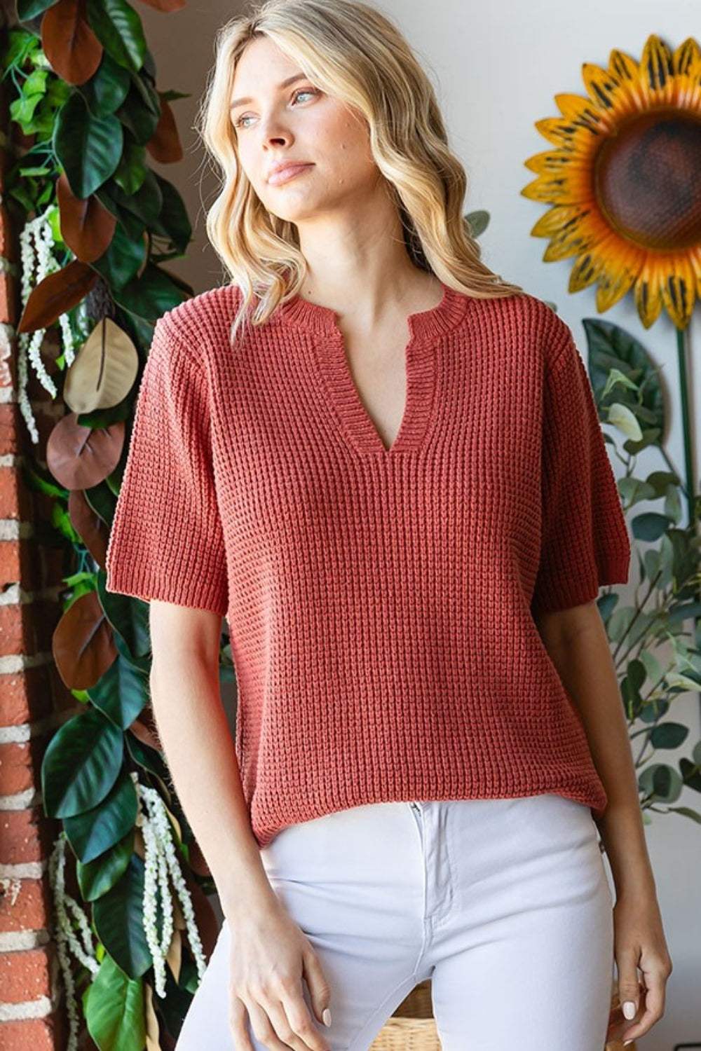 First Love Notched Short Sleeve Knit Top - Trendsi - Flyclothing LLC