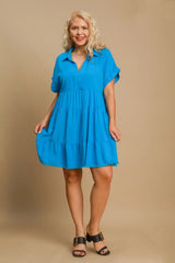 Umgee Full Size Raw Hem Folded Sleeve Tiered Dress Plus Size - Trendsi - Flyclothing LLC