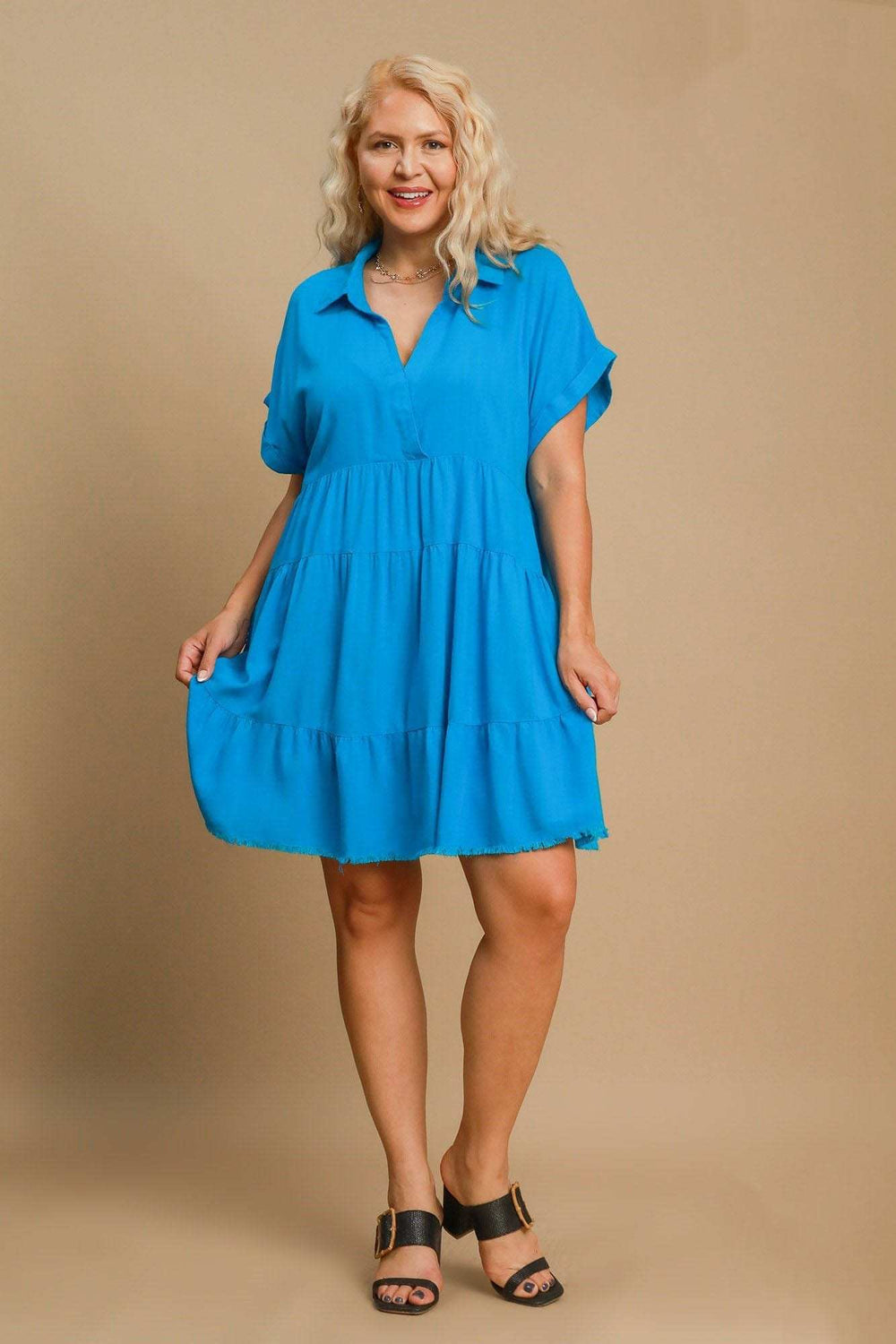 Umgee Full Size Raw Hem Folded Sleeve Tiered Dress Plus Size - Trendsi - Flyclothing LLC