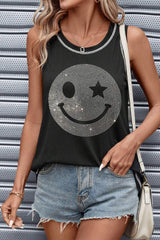 Rhinestone Smile Face Round Neck Tank - Trendsi - Flyclothing LLC
