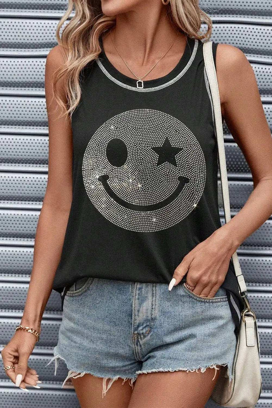 Rhinestone Smile Face Round Neck Tank - Trendsi - Flyclothing LLC
