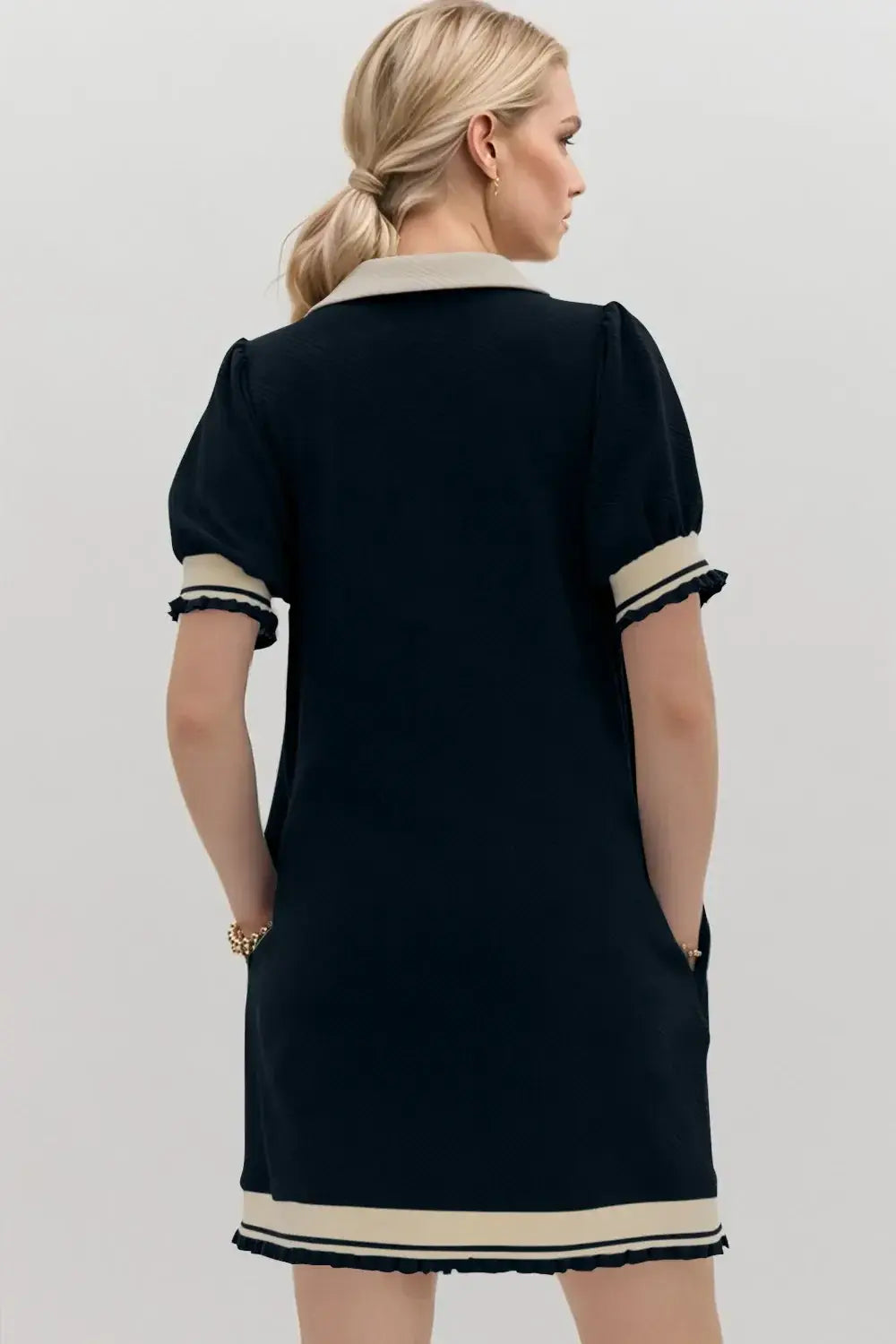 Oh Frill Contrast Trim Johnny Collar Short Sleeve Mini Dress - Trendsi - Flyclothing LLC