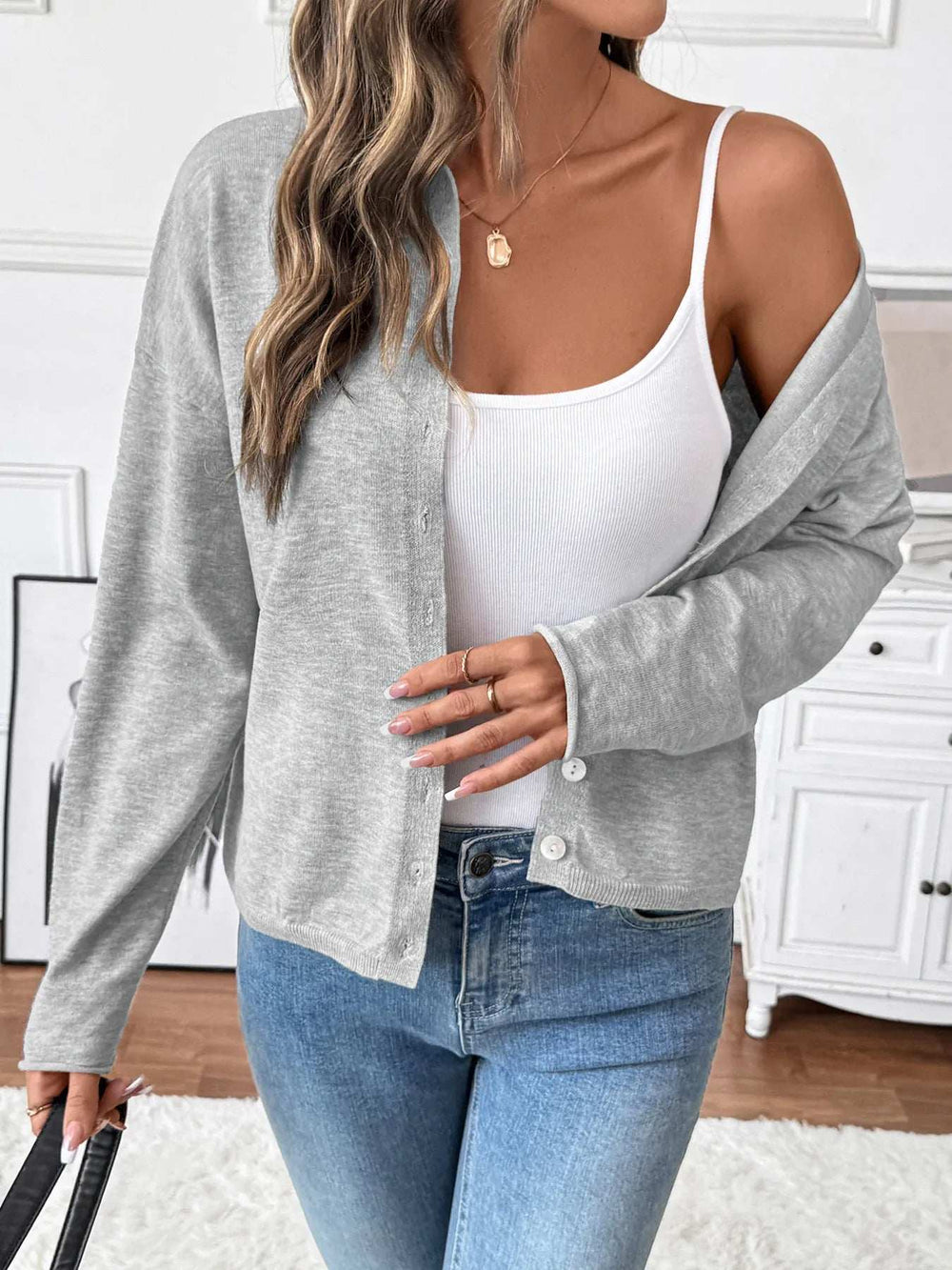 Button-Front Long Sleeve Cardigan - Trendsi - Flyclothing LLC