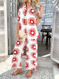 Devine Printed Collared Neck Half Sleeve Top and Pants Set - Trendsi - Flyclothing LLC