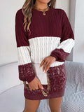 Cable-Knit Round Neck Color Block Sweater Dress - Trendsi - Flyclothing LLC