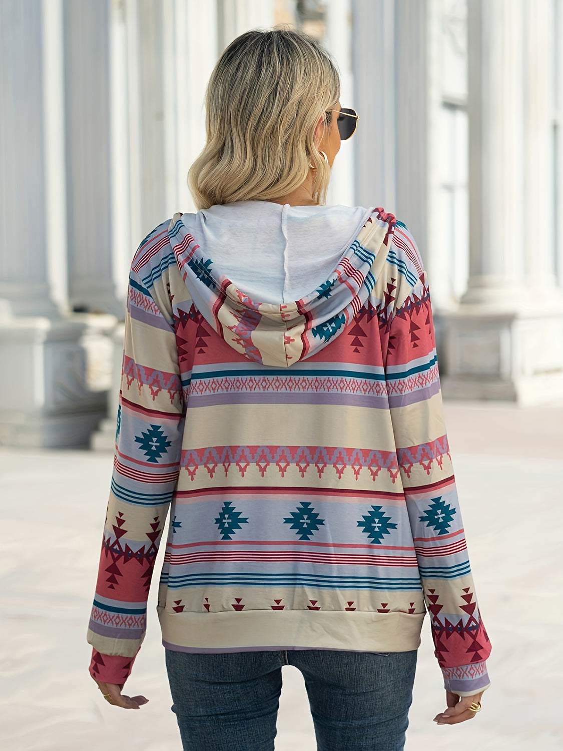 Geometric Zip Up Long Sleeve Hooded Jacket - Trendsi - Flyclothing LLC