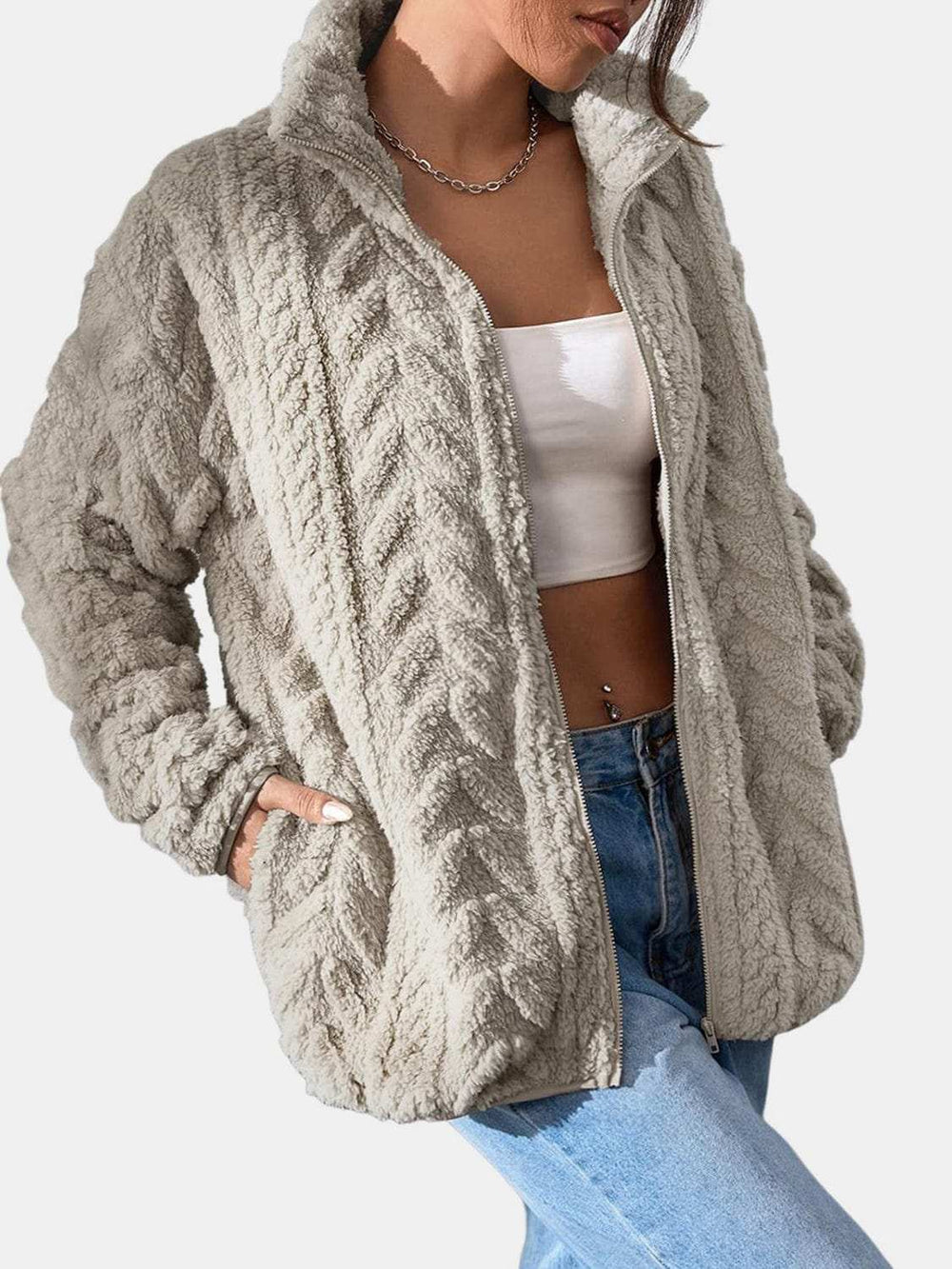 Fuzzy Zip Up Long Sleeve Jacket - Trendsi - Flyclothing LLC