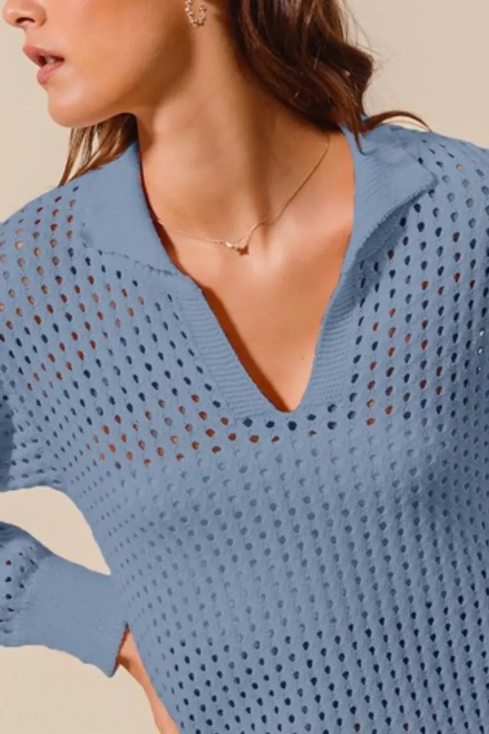 SO ME Open Knit Polo Sweater Top - Trendsi - Flyclothing LLC