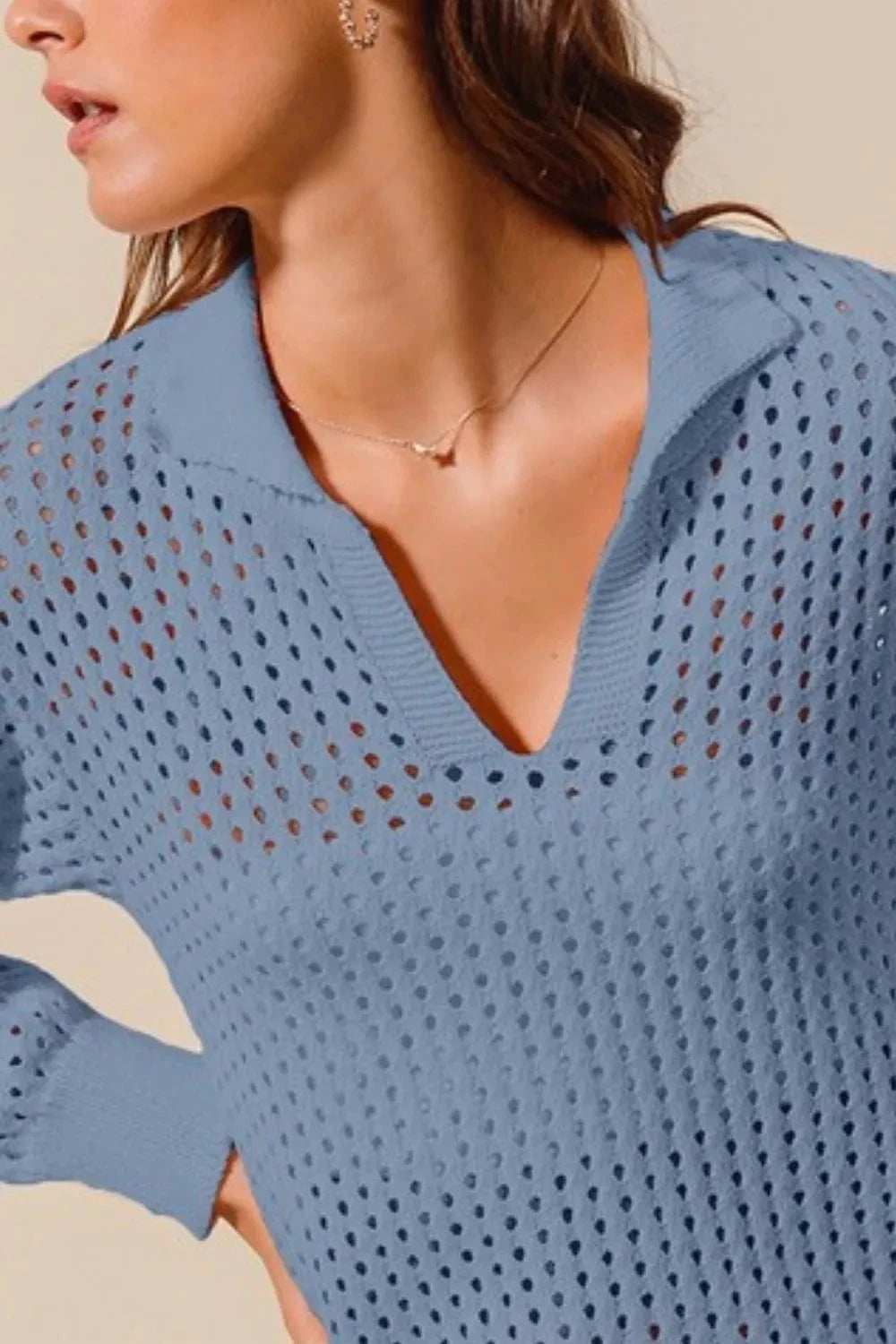 SO ME Open Knit Polo Sweater Top - Trendsi - Flyclothing LLC