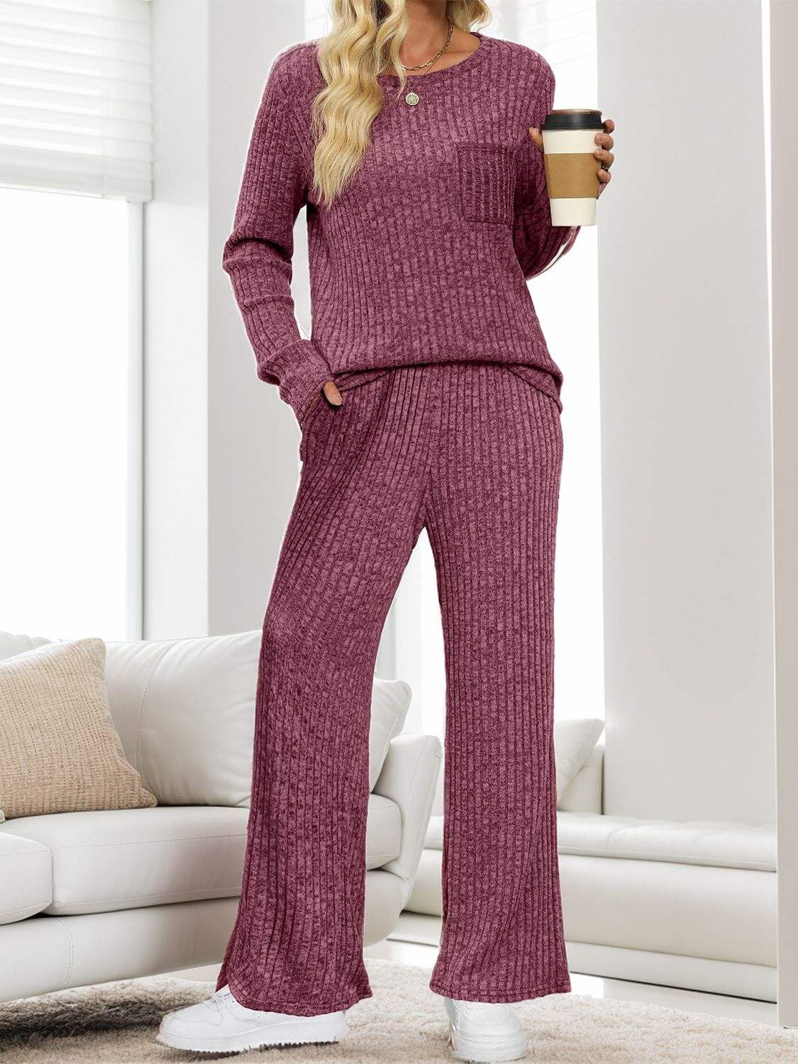 Round Neck Long Sleeve Top and Pants Set - Trendsi - Flyclothing LLC