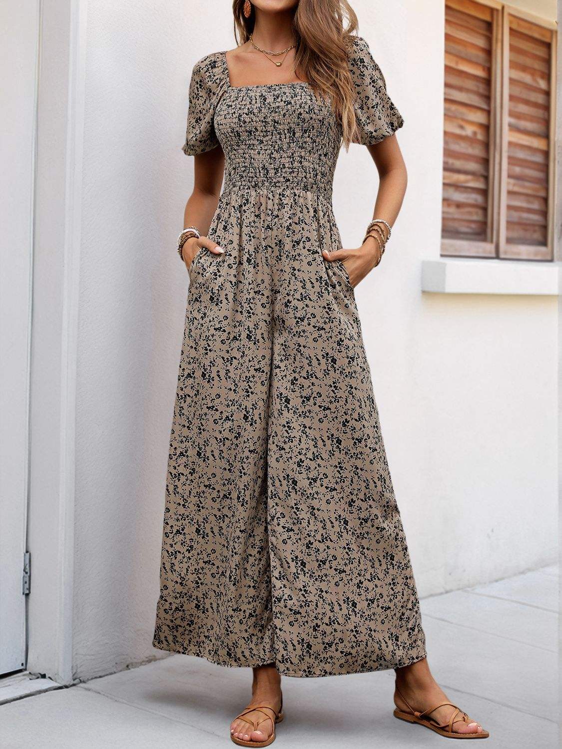 Perfee Smocked Printed Square Neck Puff Sleeve Jumpsuit - Trendsi - Flyclothing LLC