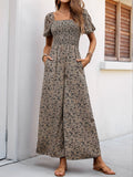 Perfee Smocked Printed Square Neck Puff Sleeve Jumpsuit - Trendsi