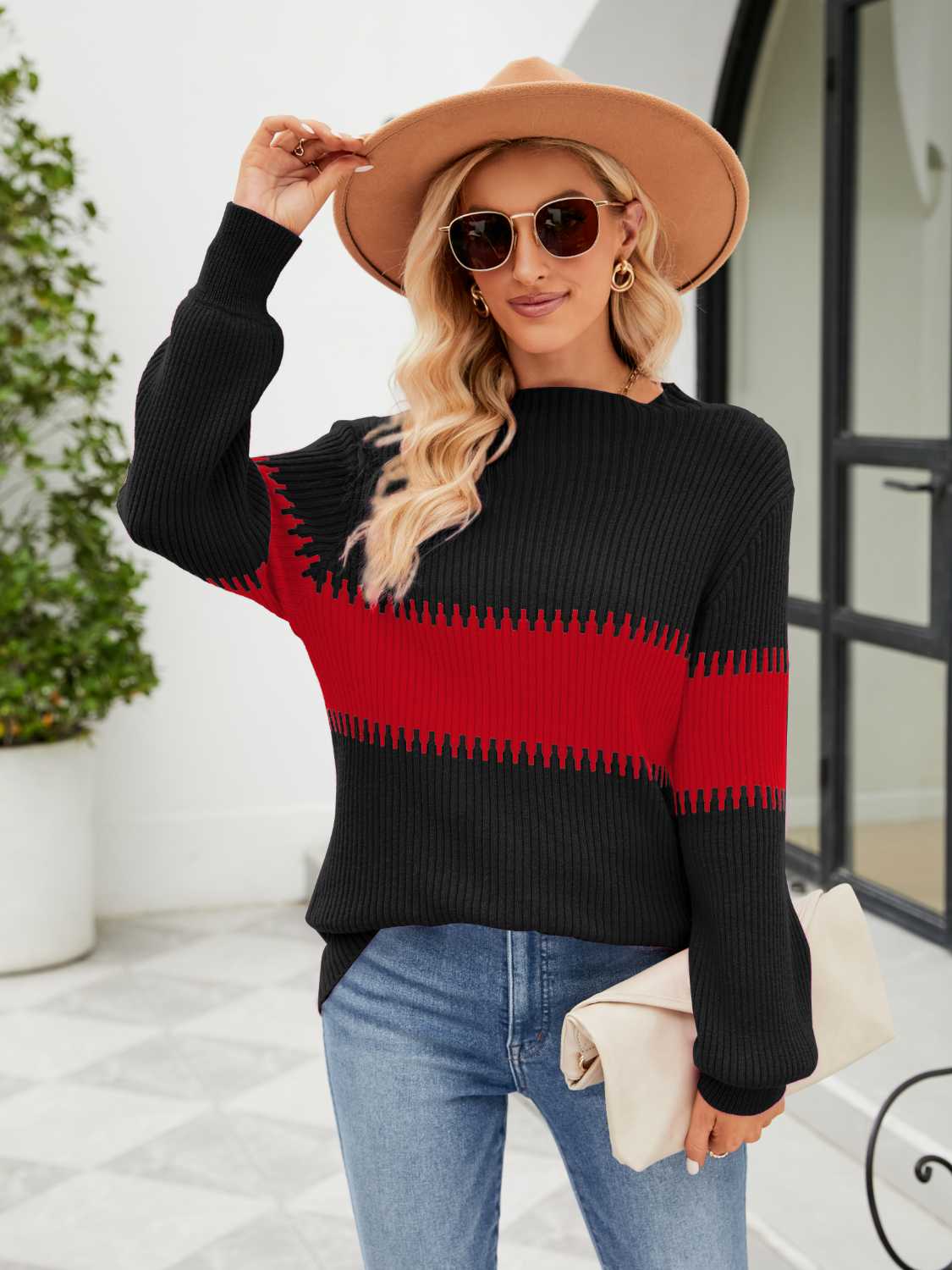 Contrast Round Neck Sweater - Trendsi - Flyclothing LLC