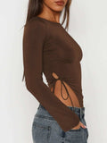 Tied Slit Round Neck Long Sleeve T-Shirt - Trendsi - Flyclothing LLC