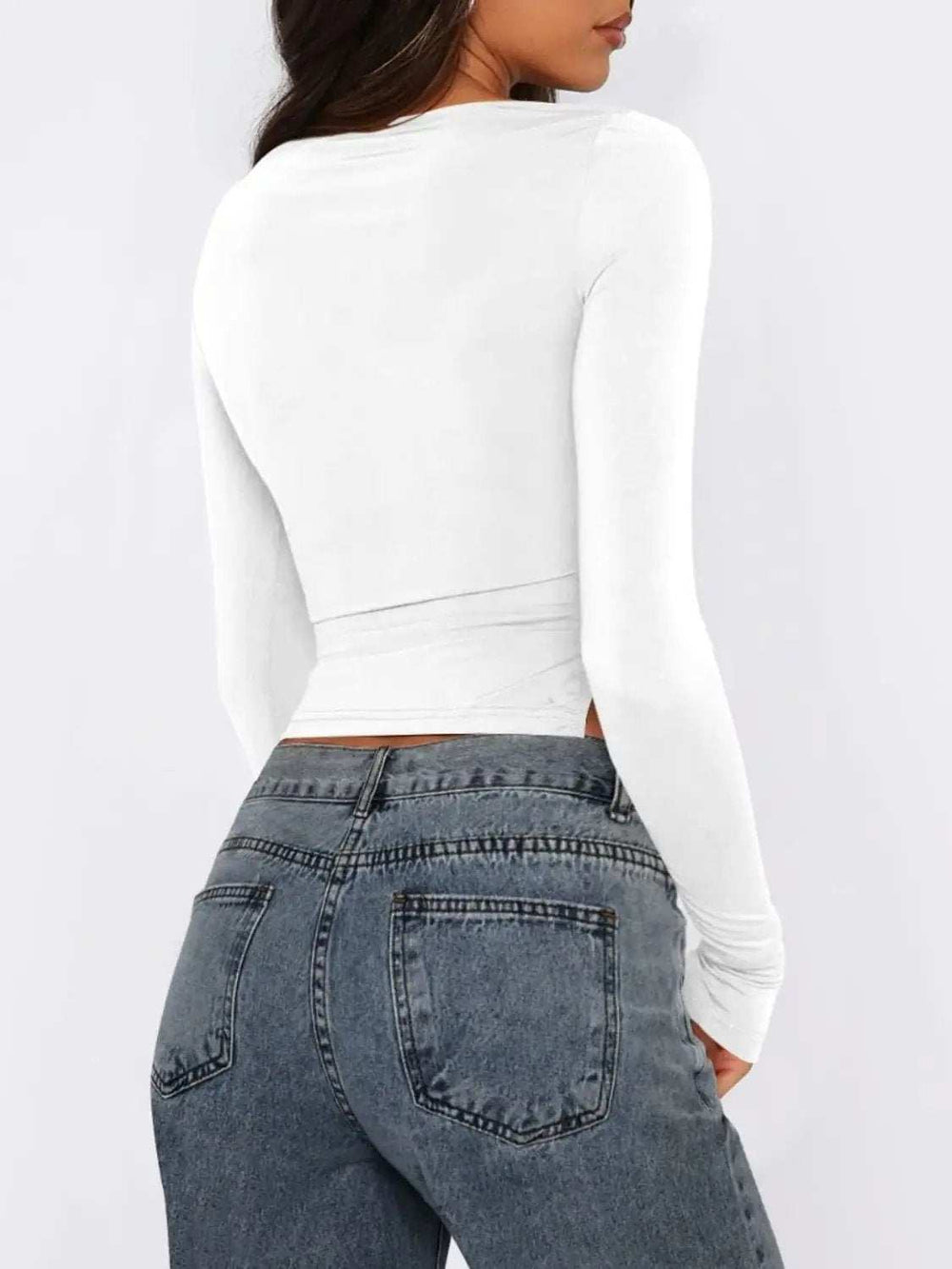 Tied Slit Round Neck Long Sleeve T-Shirt - Trendsi - Flyclothing LLC