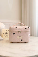 Bow Embroidered Quilted Storage Bag with Zip - Trendsi