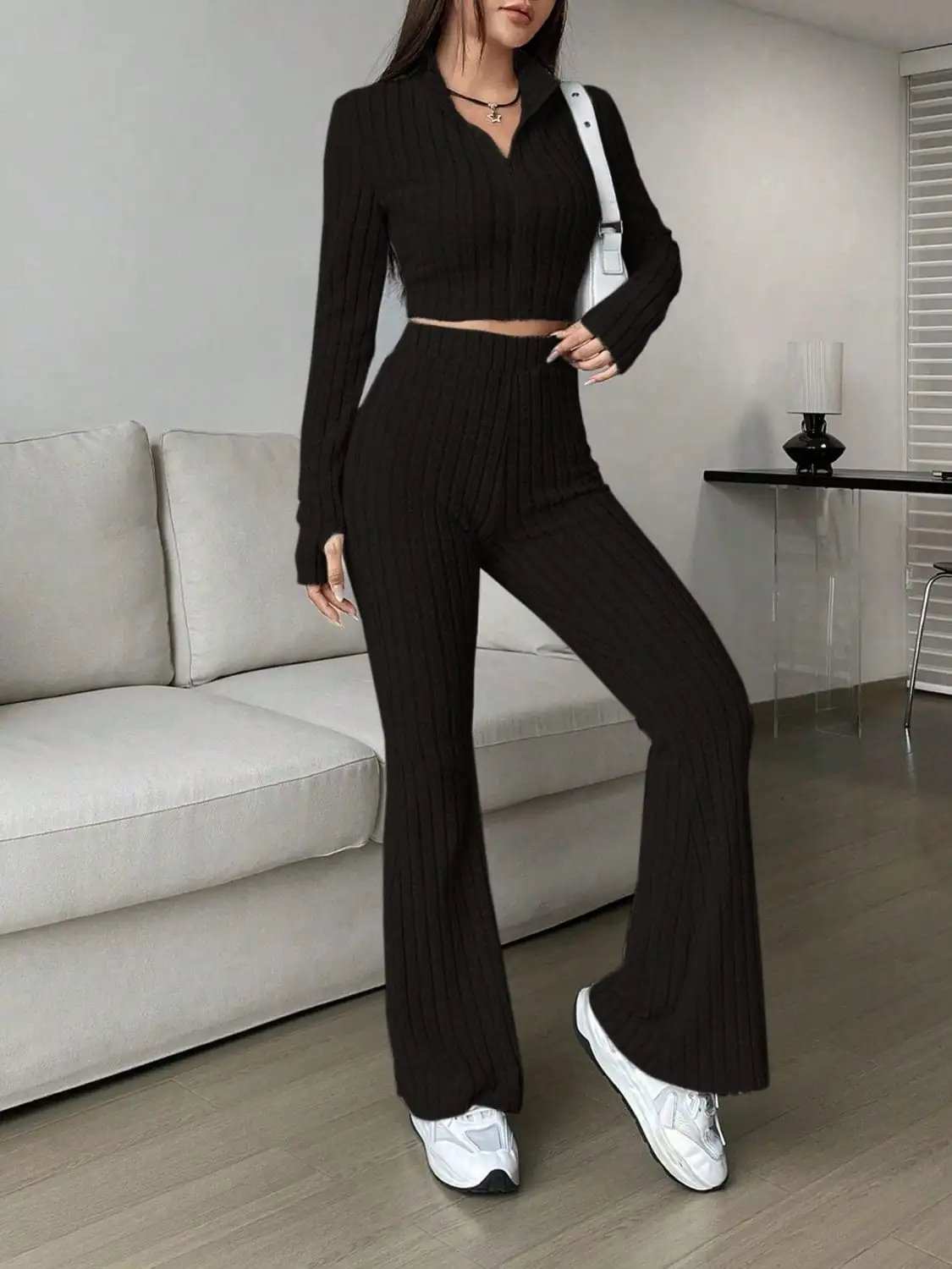 Zip Up Long Sleeve Top and Pants Set - Trendsi - Flyclothing LLC