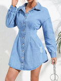 Distressed Button Up Long Sleeve Denim Dress - Trendsi