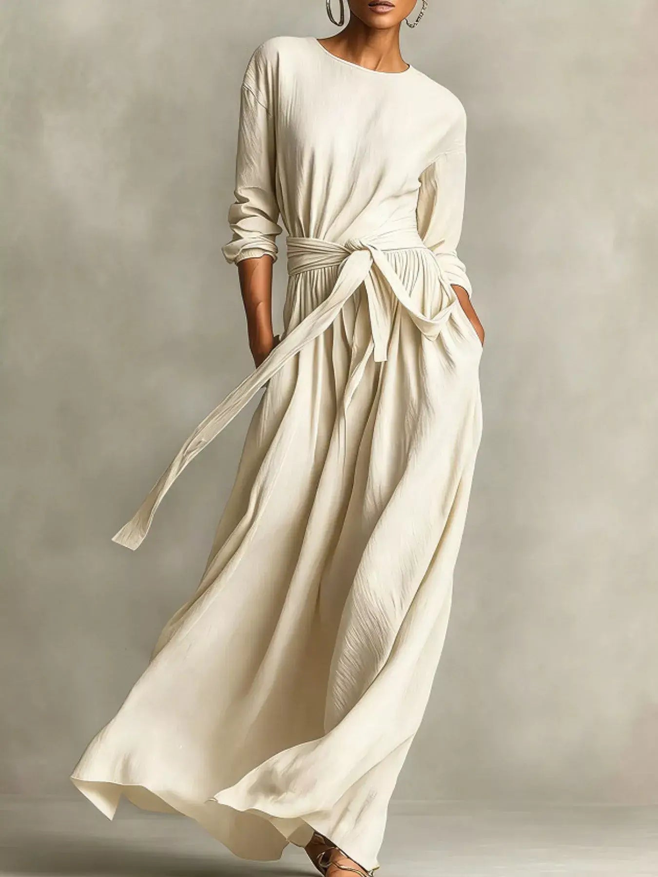 Full Size Long Sleeve Tie Waist Maxi Dress Plus Size - Trendsi - Flyclothing LLC