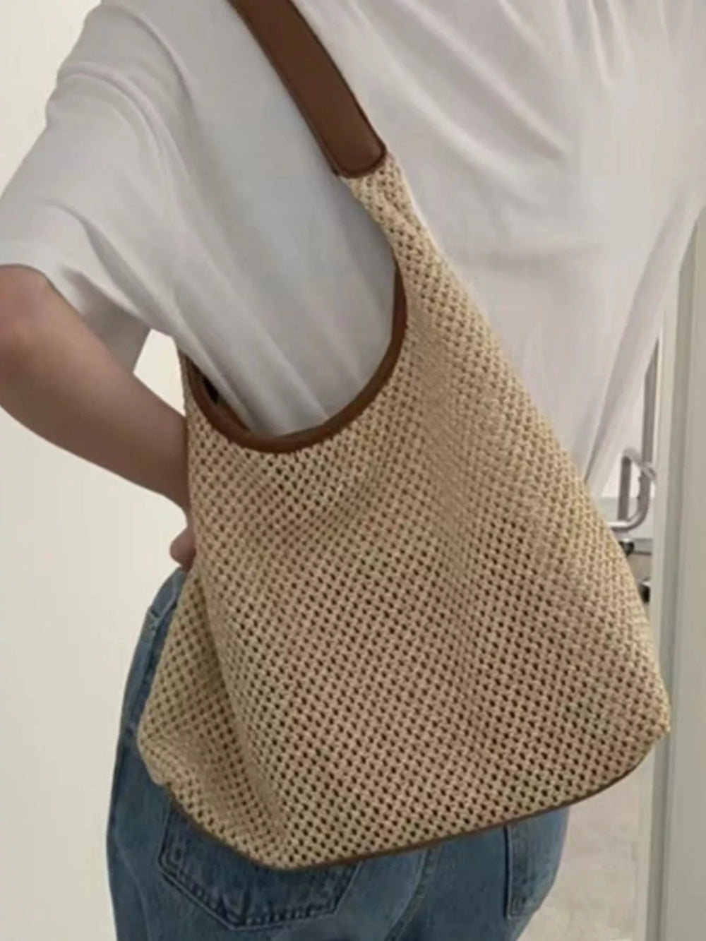 Woven Straw Handbag with Leather Strap - Trendsi - Flyclothing LLC