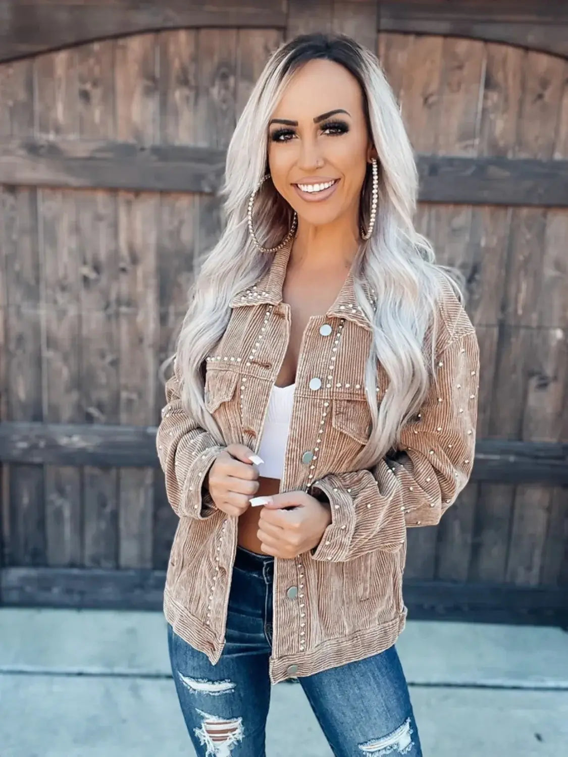 Studded Collared Neck Button Down Jacket - Trendsi - Flyclothing LLC