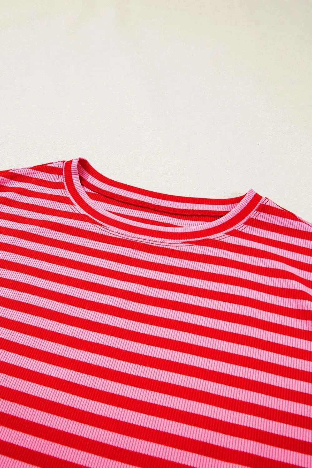 Stripe Ribbed Cap Sleeve Round Neck T Shirt - Trendsi - Flyclothing LLC