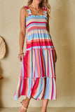 Contrast Stripe Wide Strap Smocked Tiered Dress - Trendsi