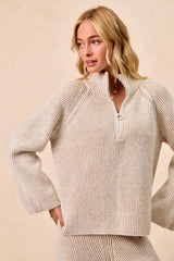 BiBi Two Tone Rib Texured Knit Collared Top with Zip Up - Trendsi - Flyclothing LLC