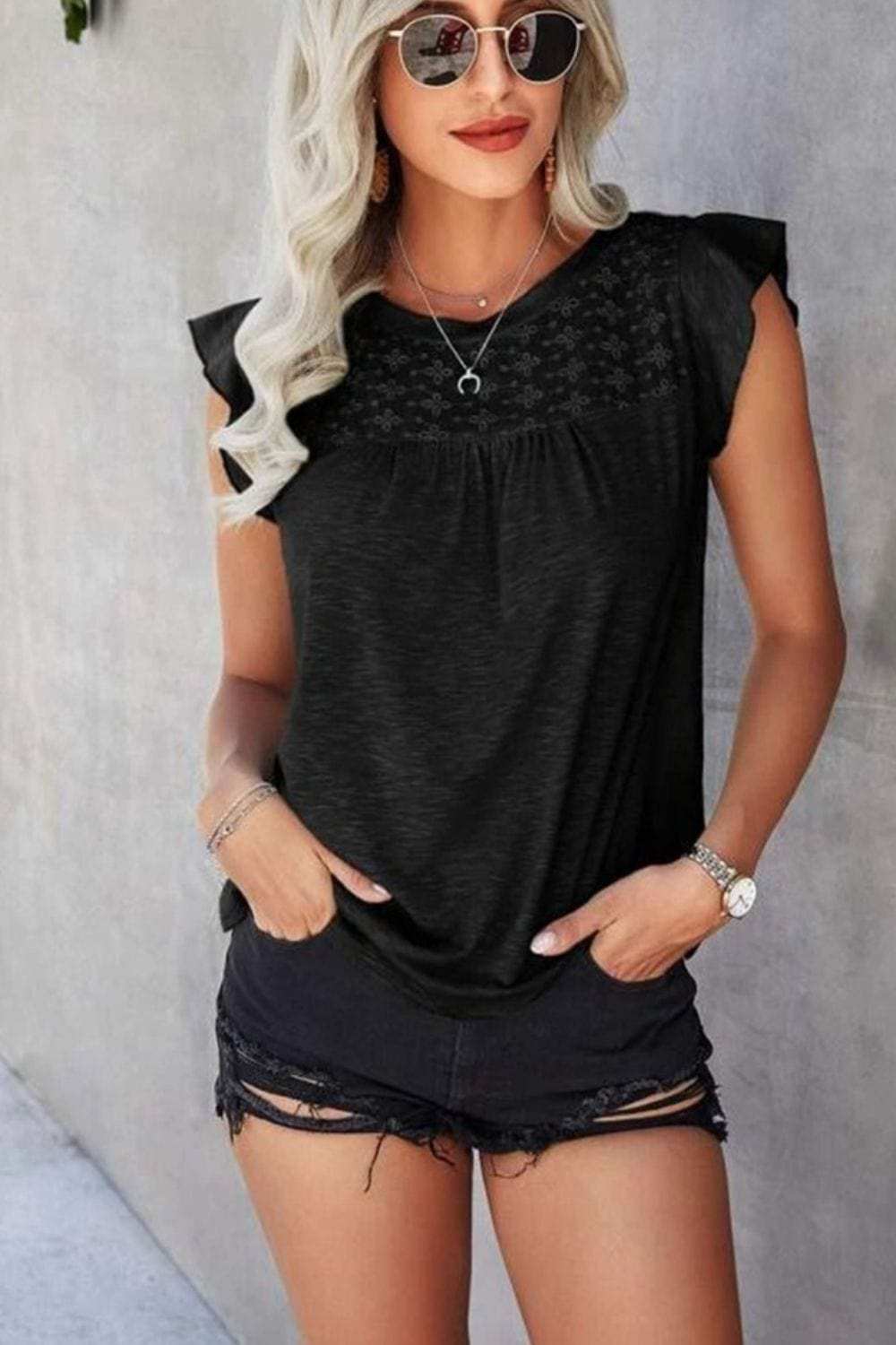 Ruffled Round Neck Cap Sleeve T-Shirt - Trendsi - Flyclothing LLC