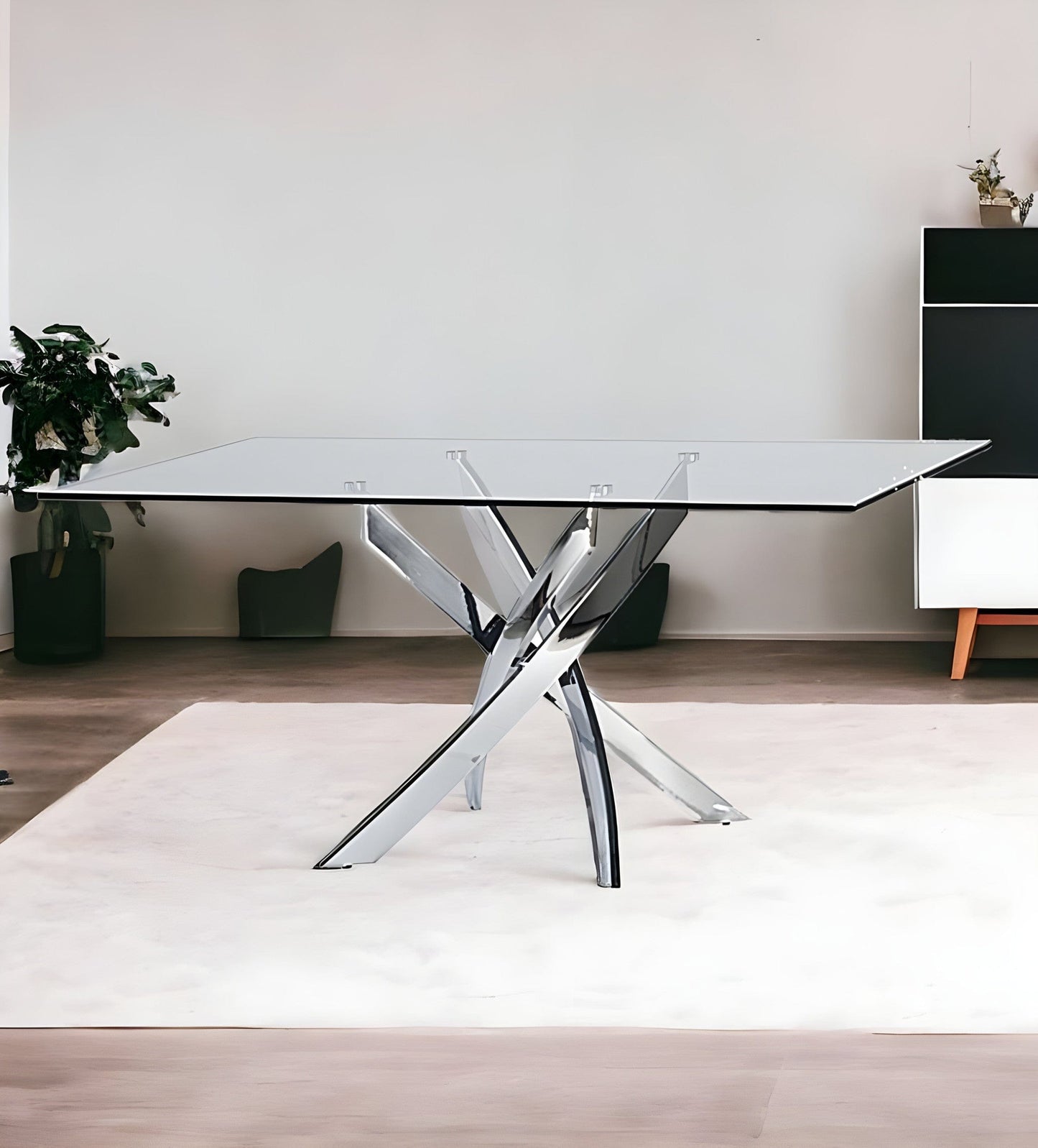 63" Clear And Silver Glass And Stainless Steel Pedestal Base Dining Table - Homeroots - Flyclothing LLC