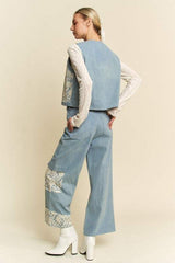 Davi & Dani Lace Patch Open Front Denim Vest - Trendsi - Flyclothing LLC