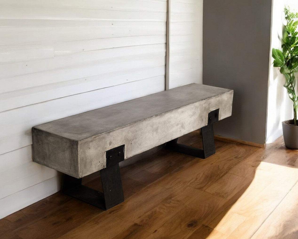 75" Gray and Black Metal and Concrete Indoor Outdoor Bench - Homeroots - Flyclothing LLC