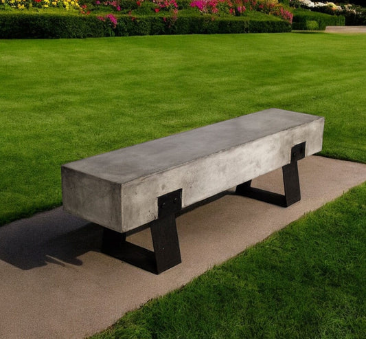 75" Gray and Black Metal and Concrete Indoor Outdoor Bench - Homeroots