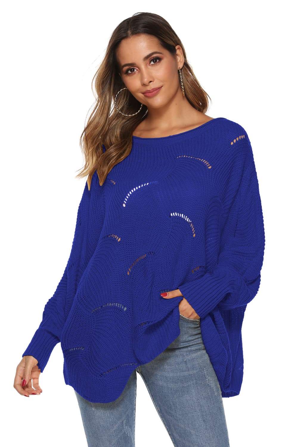Round Neck Long Sleeve Openwork Sweater - Trendsi - Flyclothing LLC