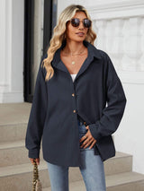 Collared Neck Long Sleeve Dropped Shoulder Shirt - Trendsi - Flyclothing LLC