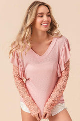 BiBi Ruffled Lace Sleeve Rib Knit Top - Trendsi - Flyclothing LLC