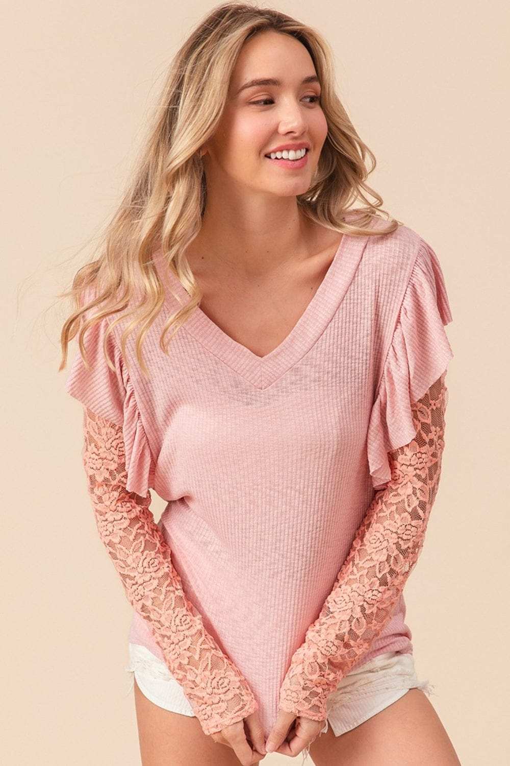 BiBi Ruffled Lace Sleeve Rib Knit Top - Trendsi - Flyclothing LLC